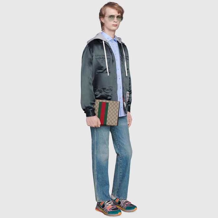 Gucci Unisex GG Supreme Web Pouch GG Supreme Canvas Green Red Web