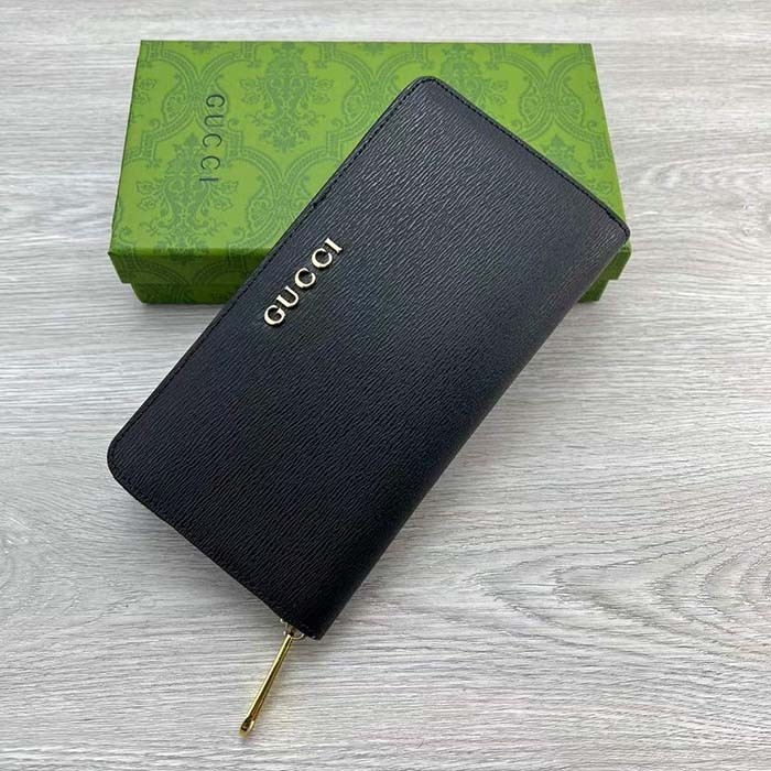 Gucci Unisex GG Zip Around Wallet Gucci Script Black Leather Taffeta