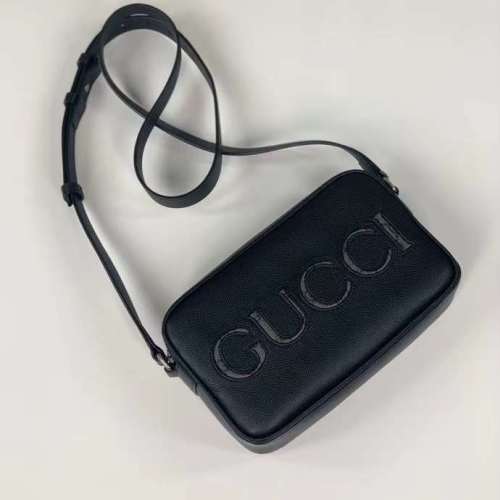 Gucci Unisex Mini Shoulder Bag Black Leather Grey Black GG Supreme Canvas