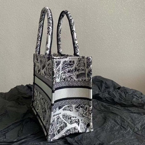 Dior Unisex CD Medium Book Tote White Black Plan De Paris Embroidery