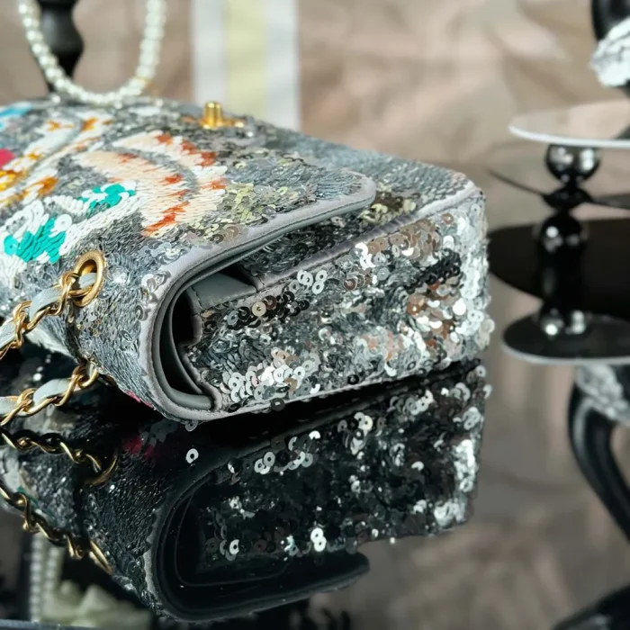 Chanel Women Classic 11.12 Handbag Embroidered Satin Sequins Glass Pearls Silver Tone Metal