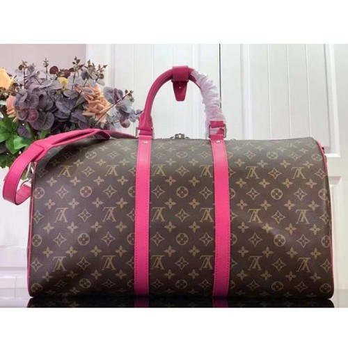 Louis Vuitton LV Unisex Keepall Bandoulière 50 Pink Monogram Macassar Coated Canvas