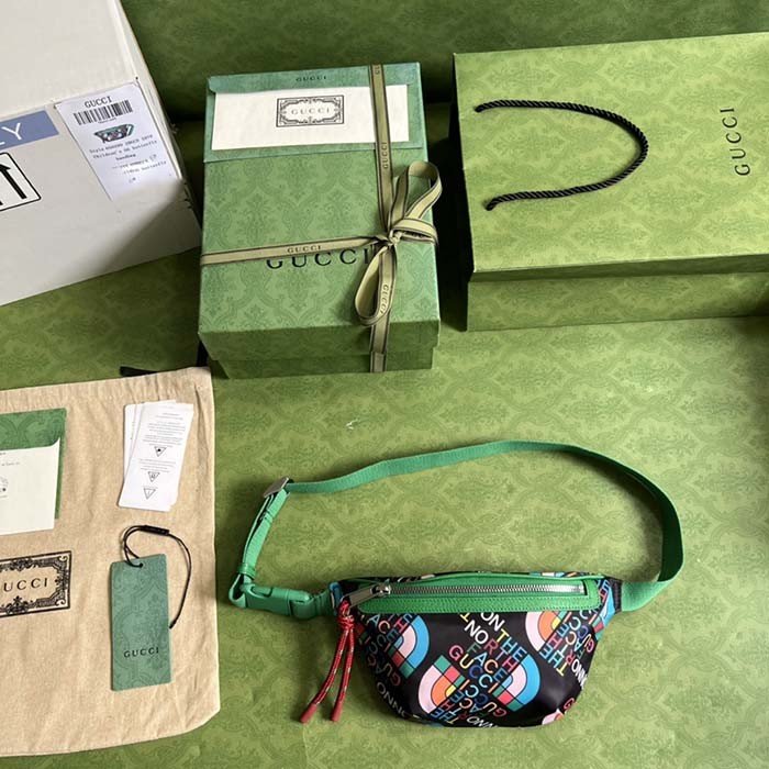 Gucci Unisex GG The North Face x Gucci Belt Bag Black Green Leather Zipper Closure