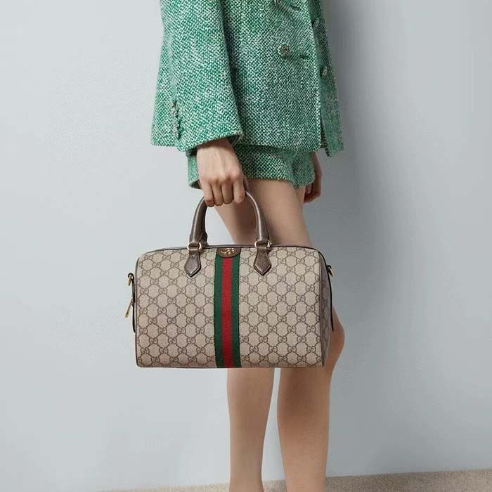 Gucci GG Unisex Ophidia GG Medium Top Handle Bag Beige Ebony GG Supreme Canvas Leather