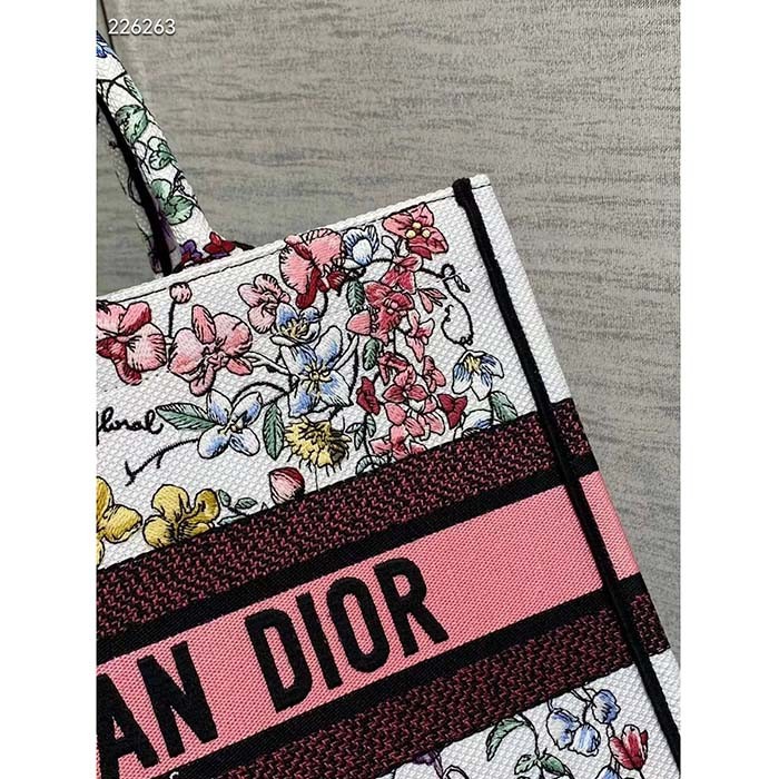 Dior Women CD Medium Book Tote White Multicolor Florilegio Embroidery