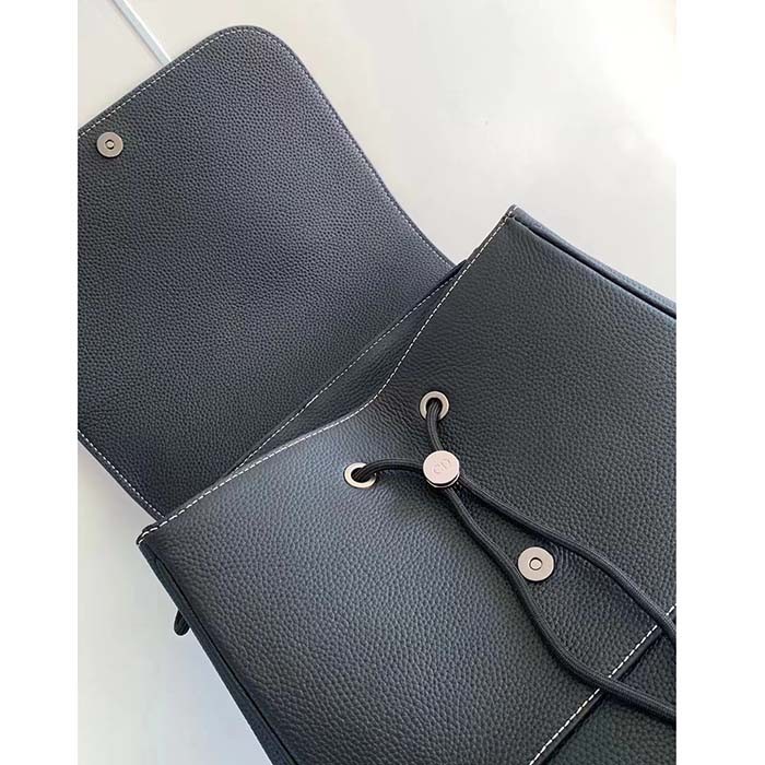 Dior Unisex CD Saddle Backpack Black Grained Calfskin Leather Flap Drawstring Closure