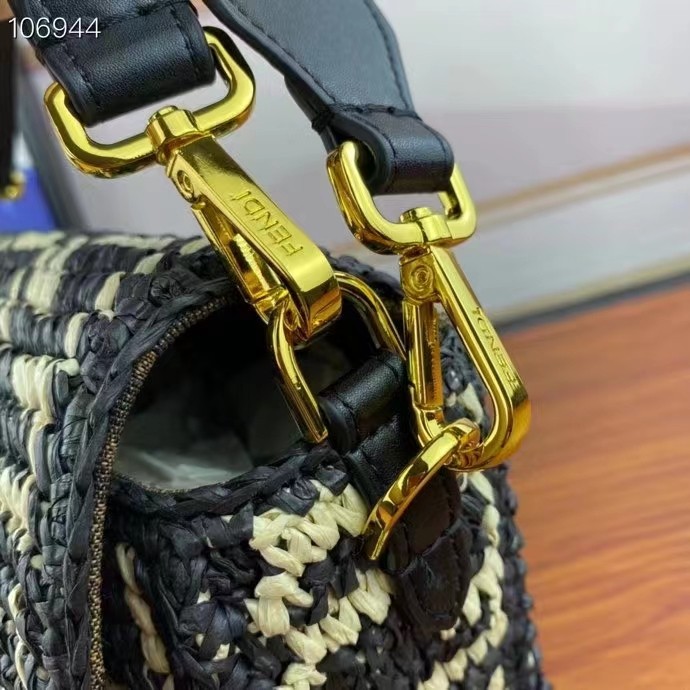 Fendi Women FF Baguette Black Raffia Back Crocheted FF