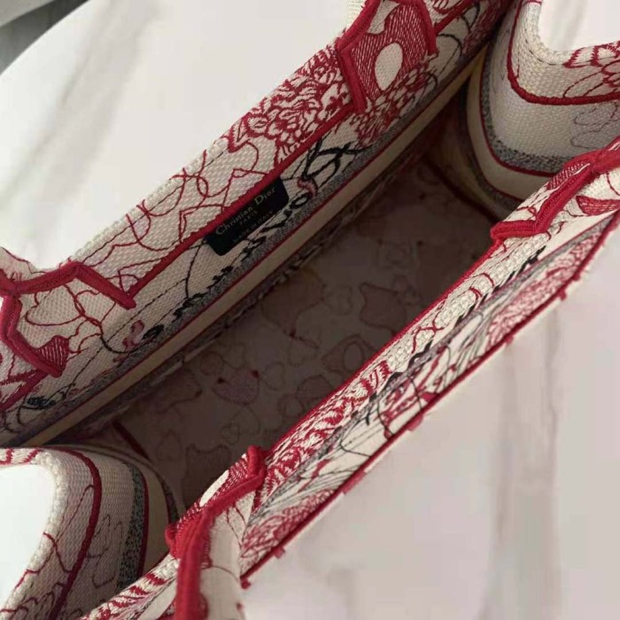 Dior Women Small Dior Book Tote Red and White D-Royaume D Amour Embroidery