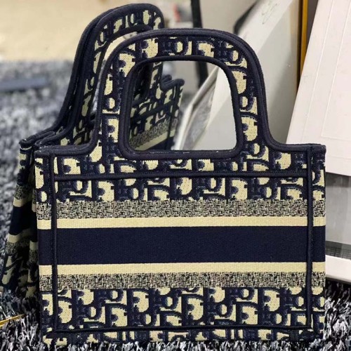 Dior CD Women Mini Dior Book Tote Blue Dior Oblique Embroidery