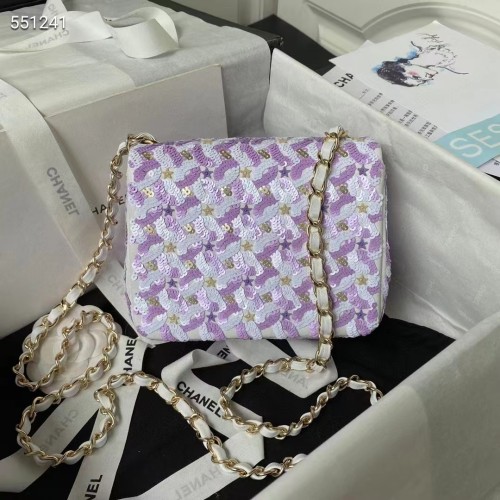 Chanel Women CC Mini Flap Bag Embroidered Satin Sequins Glass Beads Strass Star Sequins Purple White