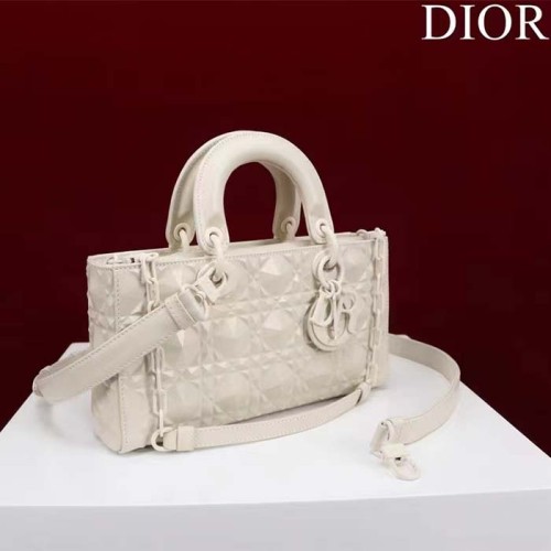 Dior Women CD Medium D-Joy Bag Latte Cannage Calfskin Diamond Motif