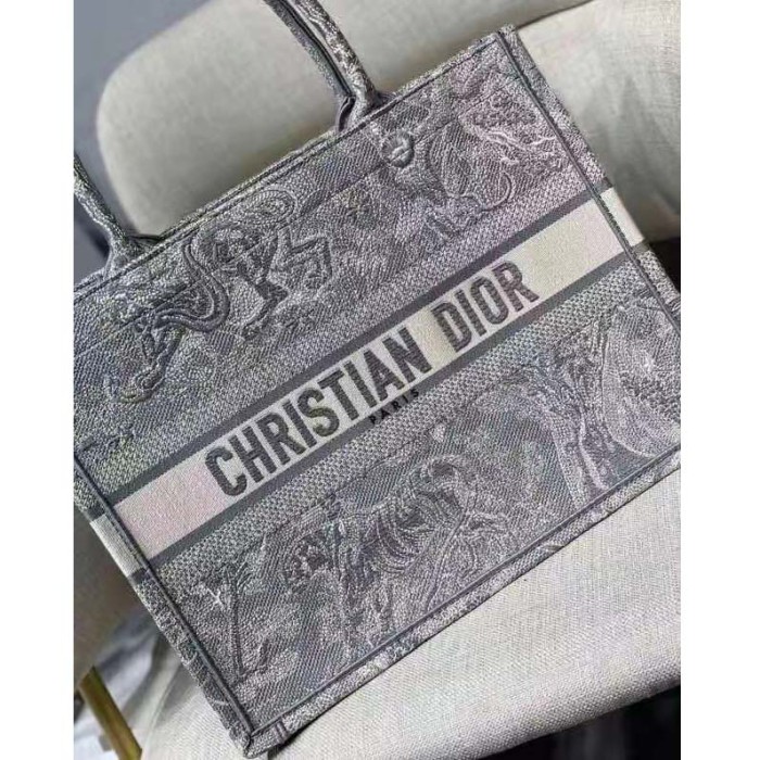 Dior Unisex CD Medium Dior Book Tote Gray Toile De Jouy Embroidery