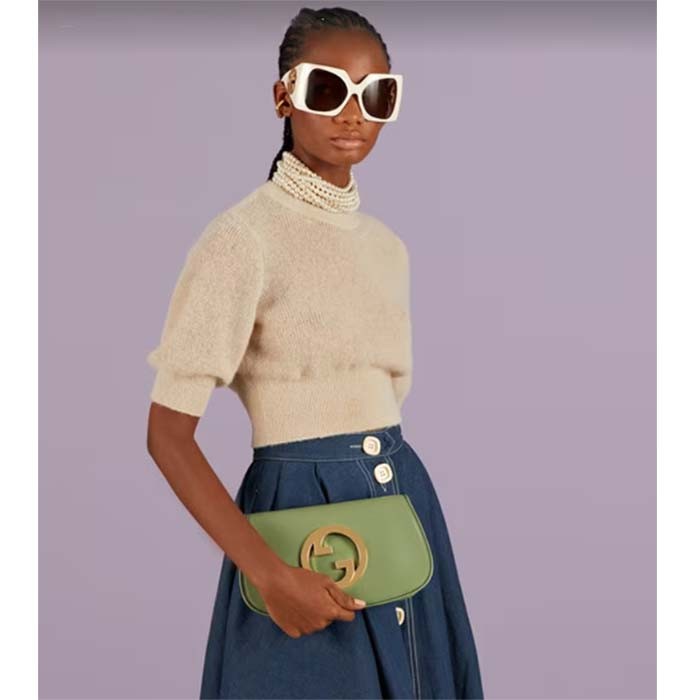 Gucci Women GG Blondie Shoulder Bag Green Leather Round Interlocking G