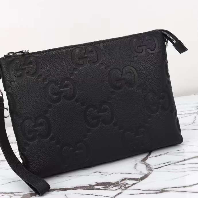 Gucci Unisex Jumbo GG Medium Messenger Bag Black Leather Zip Closure