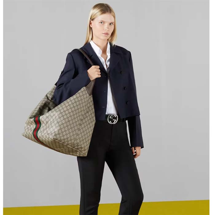 Gucci Unisex Jackie 1961 Medium Shoulder Bag Beige Ebony GG Supreme Piston Closure