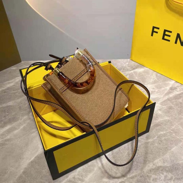 Fendi Women Mini Sunshine Shopper Brown Flannel Mini-Bag
