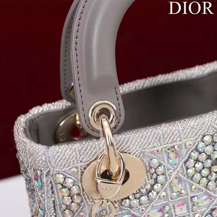 Dior Women Small Lady Dior Bag Gray Smooth Calfskin Satin Bead Embroidery