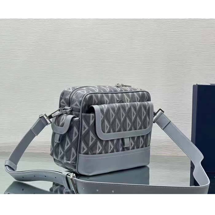 Dior Unisex Hit The Road Bag Messenger Pouch Gray CD Diamond Canvas Smooth Calfskin