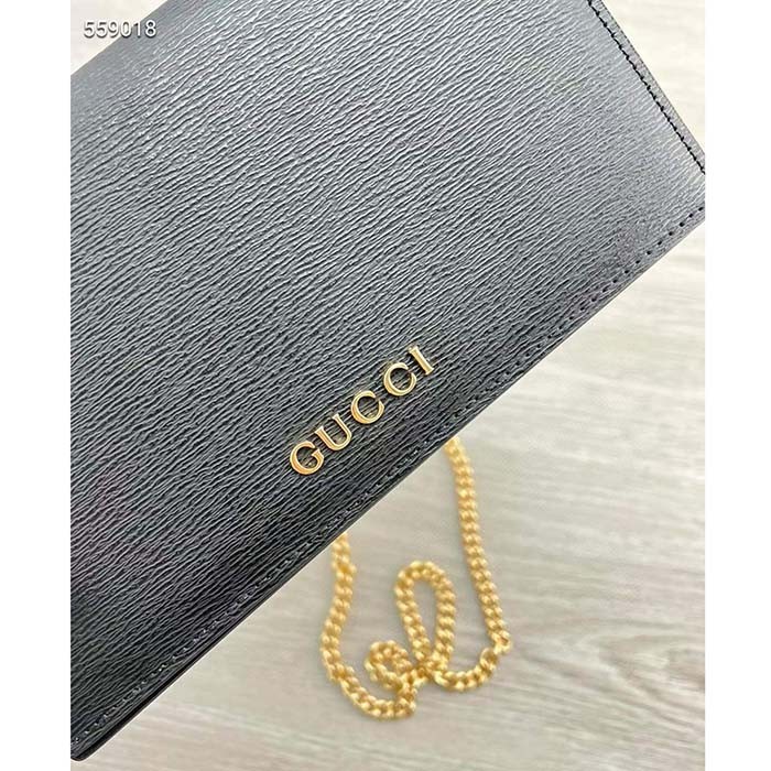 Gucci Women GG Chain Wallet Gucci Script Black Leather Taffeta Lining