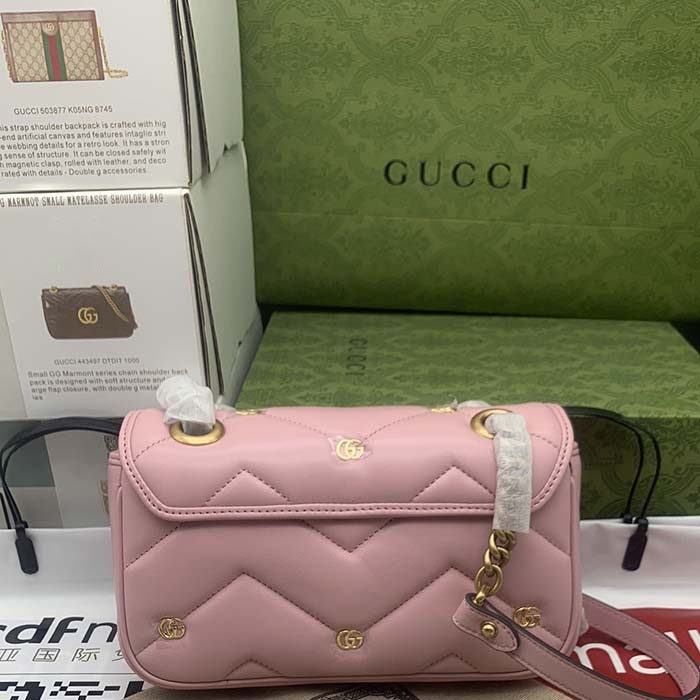 Gucci Women GG Marmont Mini Bag Pink Matelassé Chevron Leather Double G