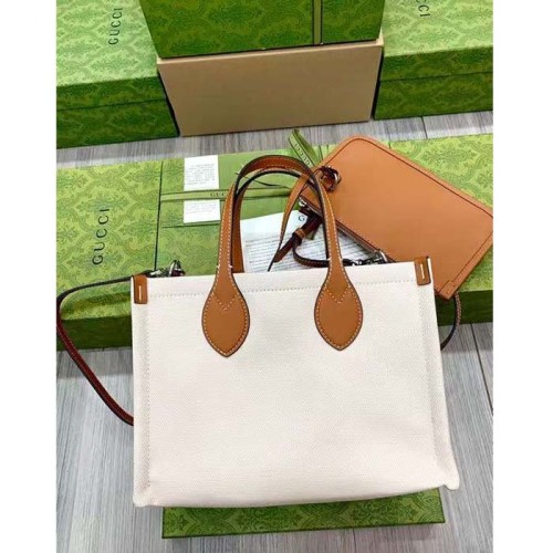 Gucci GG Unisex Mini Tote Bag Print Beige Cotton Linen Canvas Light Brown Leather