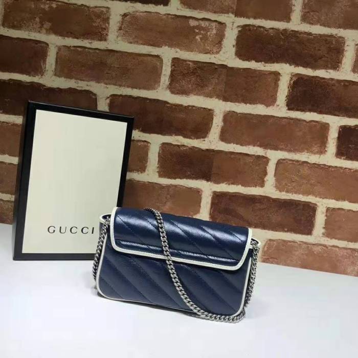Gucci GG Women GG Marmont Super Mini Bag in Blue Diagonal Matelassé Leather