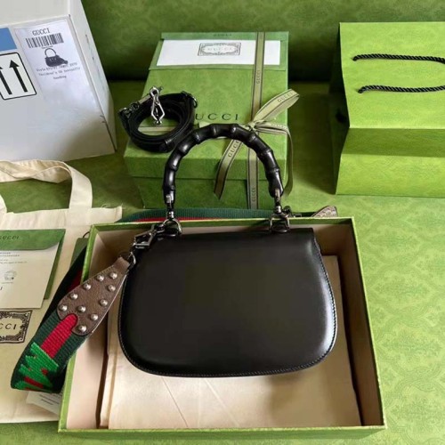 Gucci GG Women Small Top Handle Bag with Bamboo Black Leather