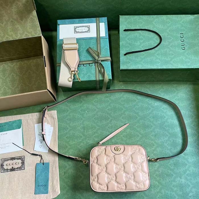 Gucci Women GG Matelassé Small Bag Rose Beige Leather Double G Zip Closure