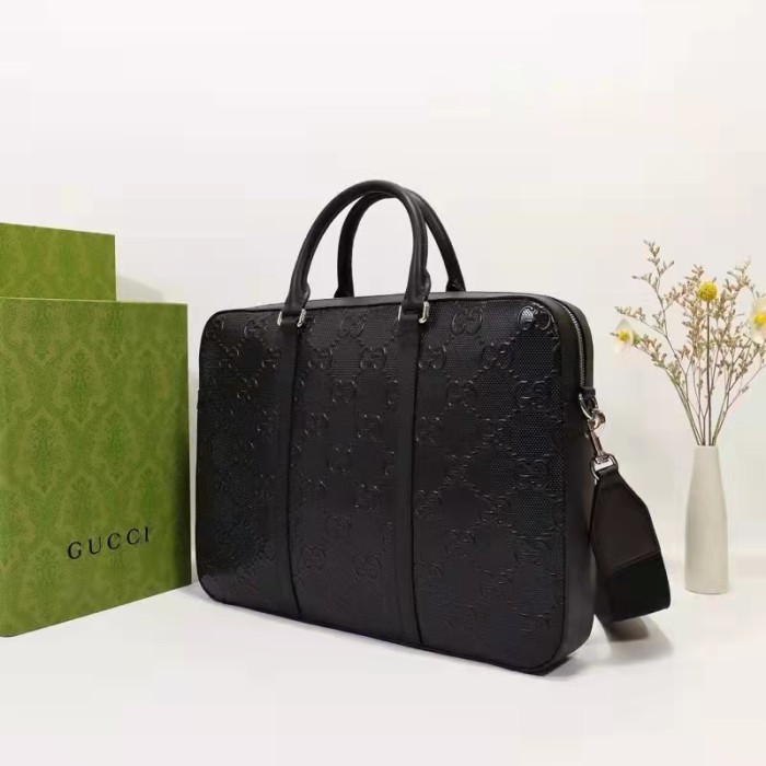 Gucci Unisex GG Embossed Briefcase Bag Black GG Embossed Leather