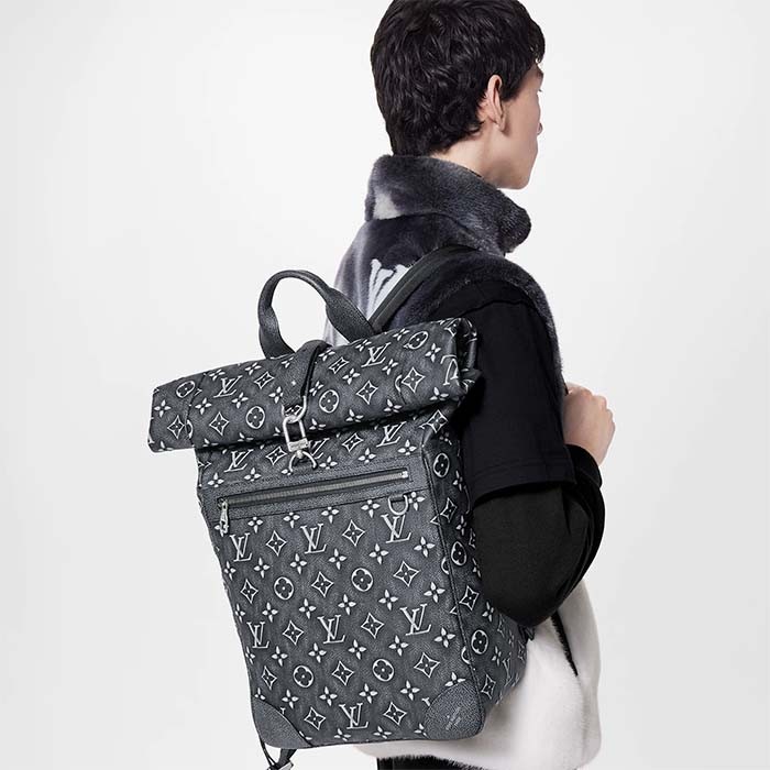 Louis Vuitton LV Unisex Roll Top Backpack Black Charcoal Cowhide Leather