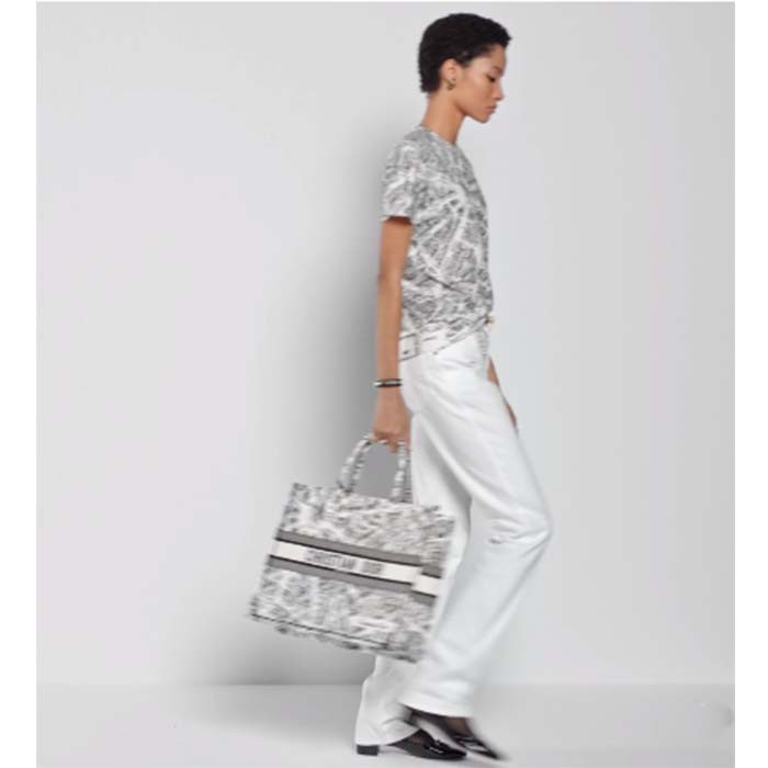 Dior Women CD Large Dior Book Tote White Black Plan De Paris Embroidery