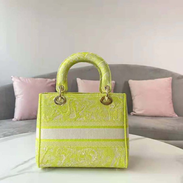 Dior Women Medium Lady D-lite Bag Lime Toile De Jouy Reverse Embroidery