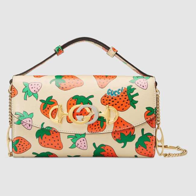 Gucci GG Women Gucci Zumi Strawberry Print Mini Bag in Gucci Strawberry Print Ivory Leather