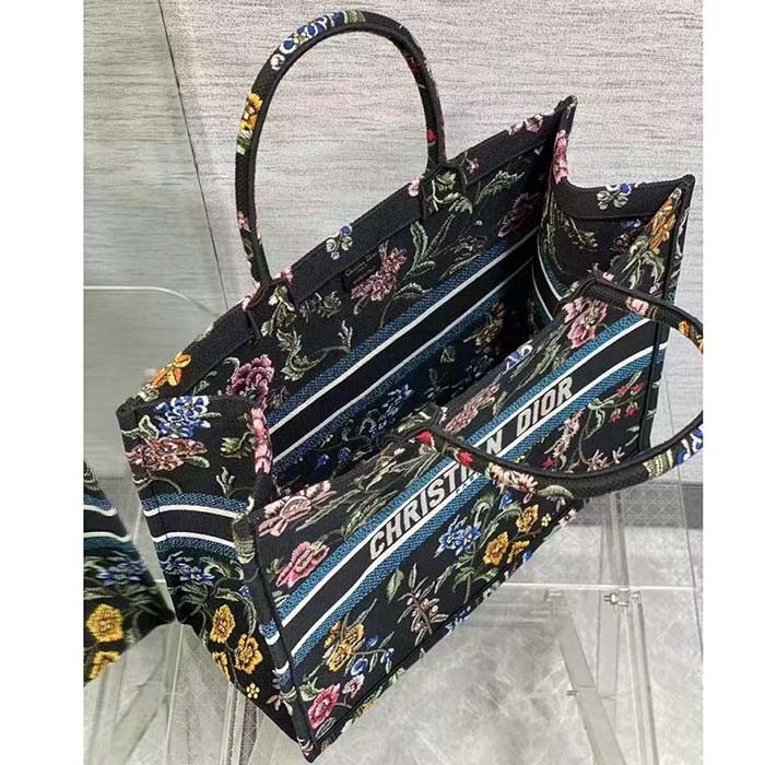 Dior Women CD Large Book Tote Black Multicolor Dior Petites Fleurs Embroidery