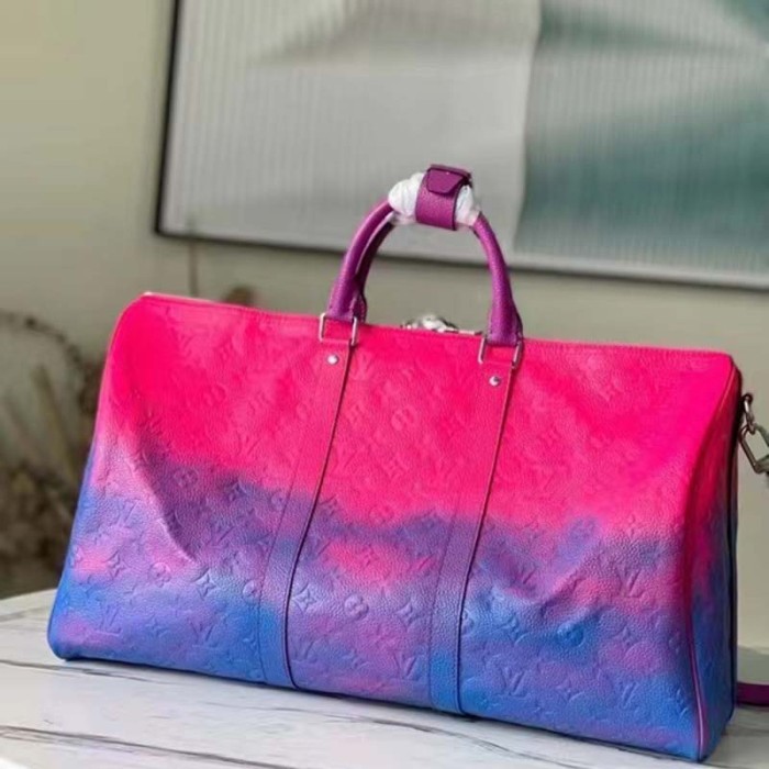 Louis Vuitton LV Unisex Keepall 50B Blue Pink Taurillon Cowhide Leather