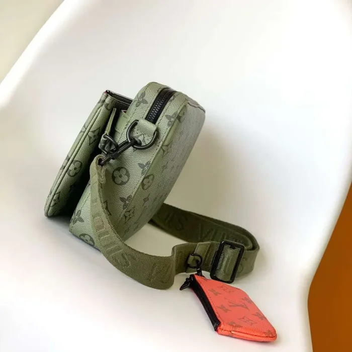 Louis Vuitton LV Unisex Trio Messenger Khaki Green Vermillion Red Monogram Canvas Cowhide Leather