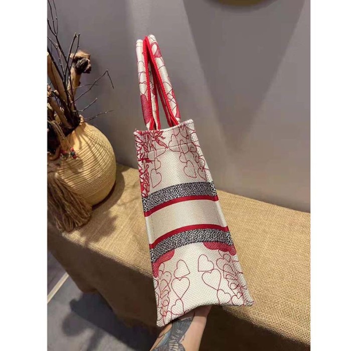 Dior Women Small Dior Book Tote Bag Red White D-Royaume D'Amour Embroidery