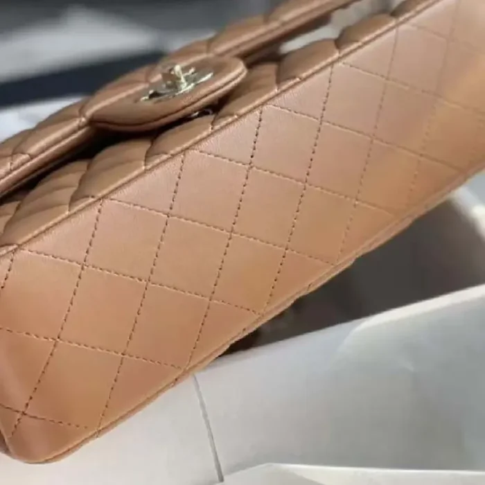 Chanel Women Small Classic Handbag in Lambskin Leather-Dark BeigeBrown