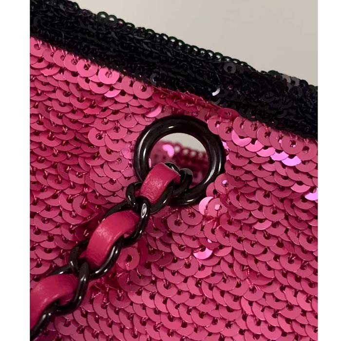 Chanel Women CC Shopping Bag Sequins Black Metal Dark Pink Black