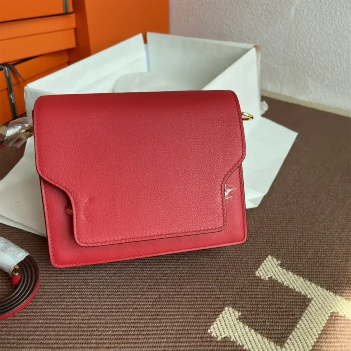 Hermes Women Roulis Mini Bag in Evergrain Calfskin-Red/Gold