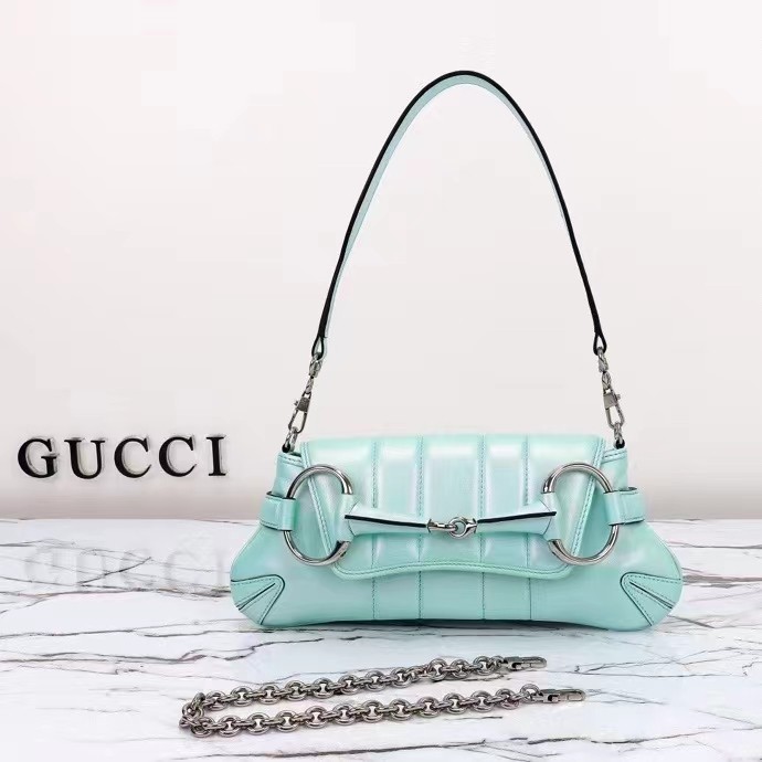 Gucci Women GG Horsebit Chain Small Shoulder Bag Light Blue Quilted Leather Maxi Horsebit Style ‎764339 AACU1 4811