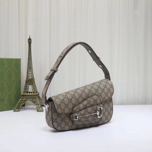 Gucci Unisex Gucci Horsebit 1955 Small Shoulder Bag Beige Ebony GG Supreme Canvas