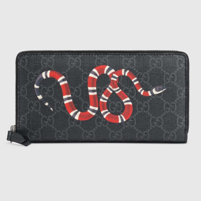 Gucci GG Men Kingsnake Print GG Supreme Zip Around Wallet in Black/Grey GG Supreme Canvas