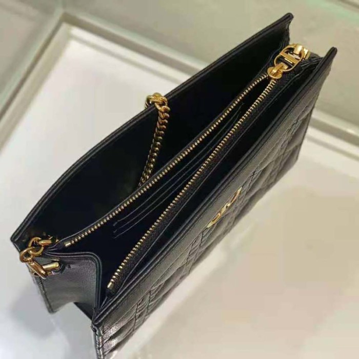 Dior Women Caro Zipped Pouch with Chain Black Supple Cannage Calfskin