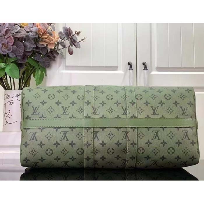 Louis Vuitton LV Unisex Keepall Bandoulière 45 Khaki Green Vermillion Red Monogram Coated Canvas