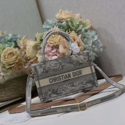 Dior Women Mini Dior Book Tote Strap Gray Toile De Jouy Reverse Embroidery