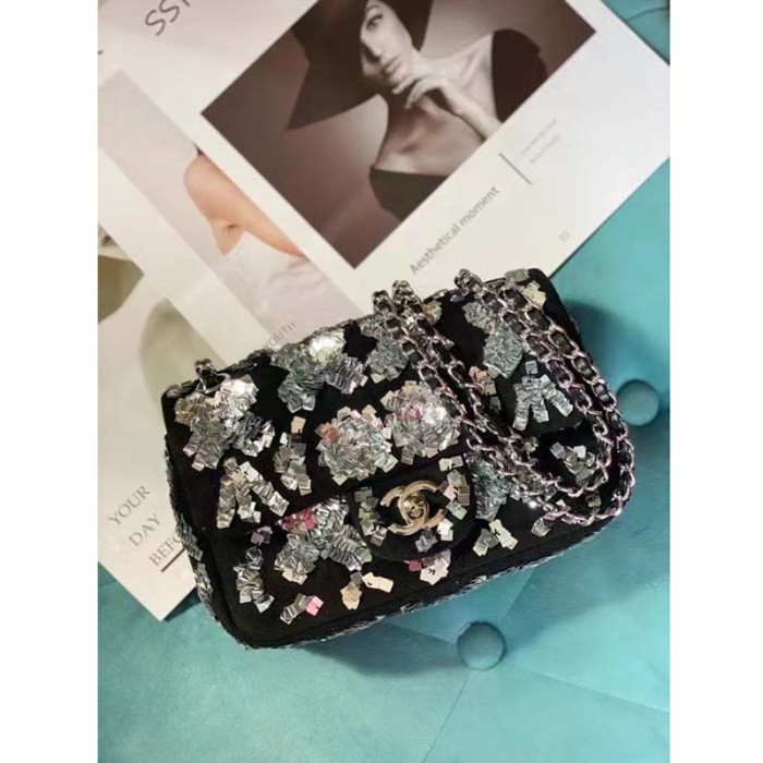 Chanel Women CC Classic Handbag Embroidered Velvet Sequins Silver-Tone Metal Black Silver