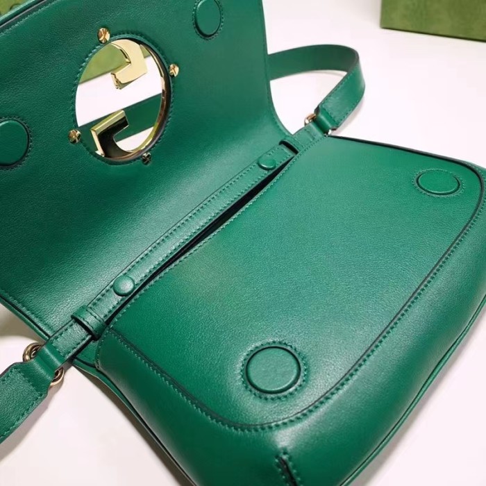 Gucci Women GG Blondie Shoulder Bag Emerald Green Leather Round Interlocking G