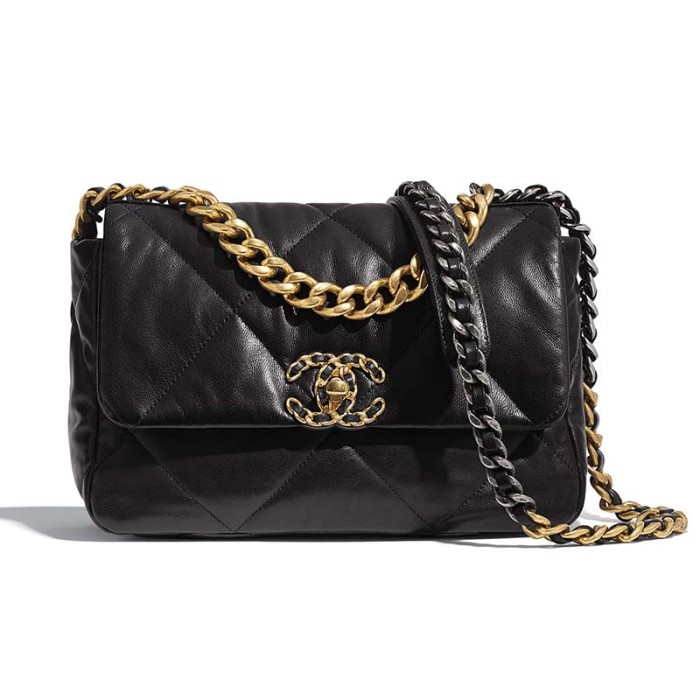 Chanel Women Chanel 19 Flap Bag in Goatskin Leather-Black