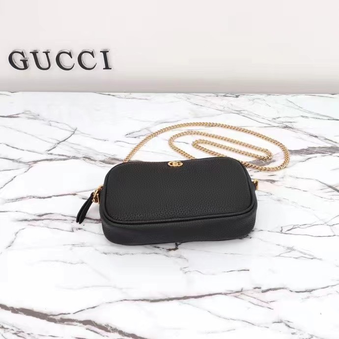 Gucci Women GG Marmont Mini Shoulder Bag Black Leather Taffeta Lining Double G